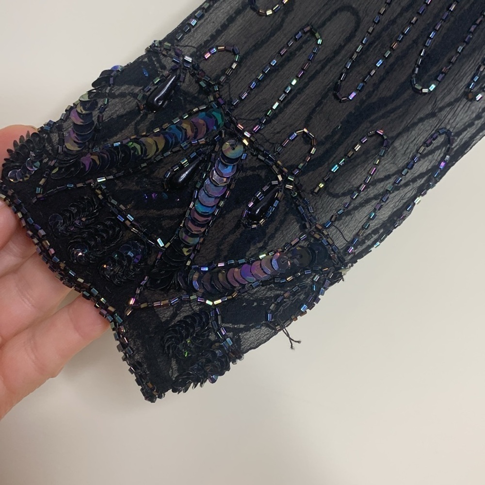 Vintage India Silk Black Beaded Sequin Cocktail Tiered Ruffle Art Deco Dress L - Picture 7 of 15